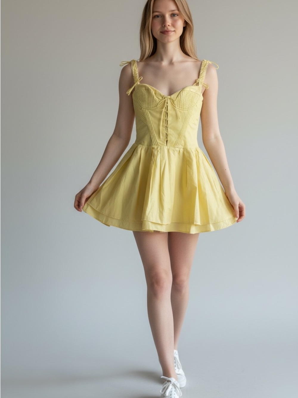Oh Polly Analise Yellow Pintucked Lace-Up Corset Mini Dress 4 Skater Romantic
